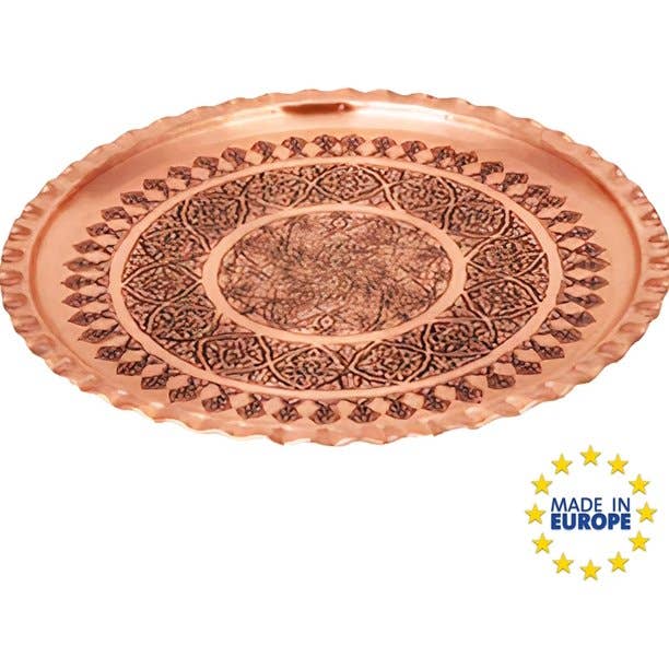 Handmade Vintage Round Ottoman Hammered Copper Tray 13.4 in