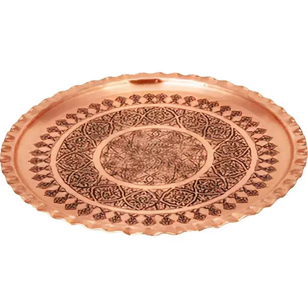 Handmade Vintage Round Ottoman Hammered Copper Tray 13.4 in
