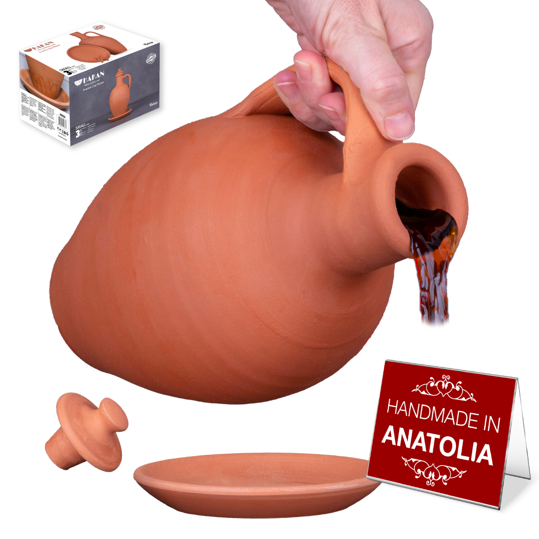 Anadolu Natural Clay Pitcher with Lid and Plate, Large-3 Pcs
