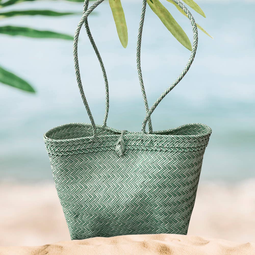 Recycled Plastic Woven Beach/Tote Long Strapped Bag: Pink