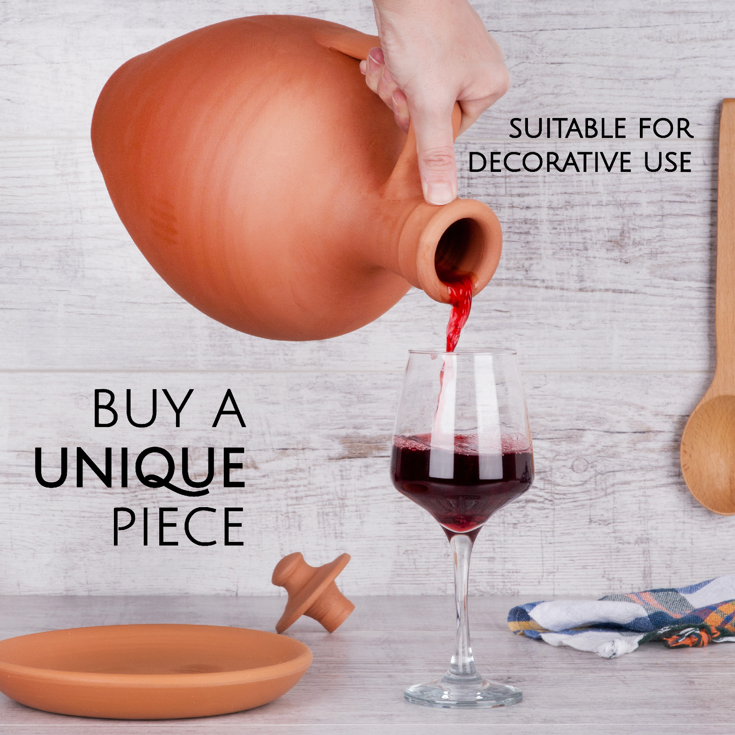 Anadolu Natural Clay Pitcher with Lid and Plate, Large-3 Pcs