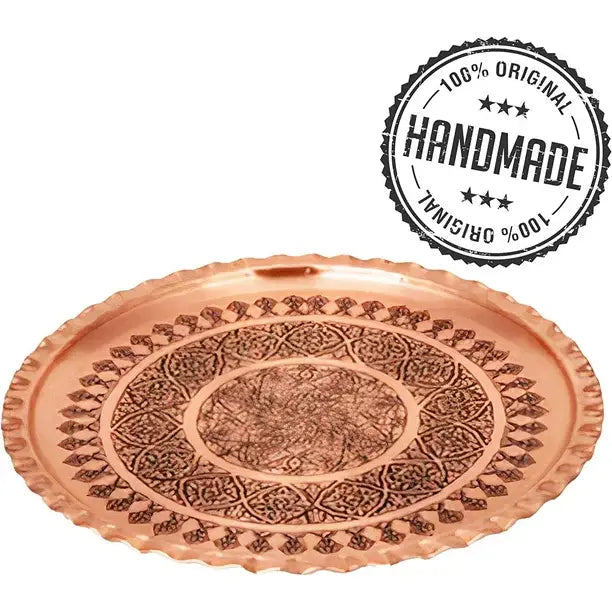 Handmade Vintage Round Ottoman Hammered Copper Tray 13.4 in