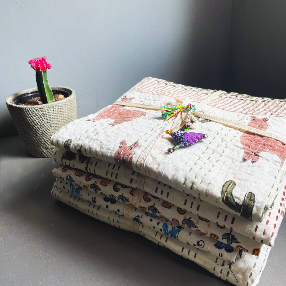 Block Printed Kantha Blanket - Tiger Print: Baby