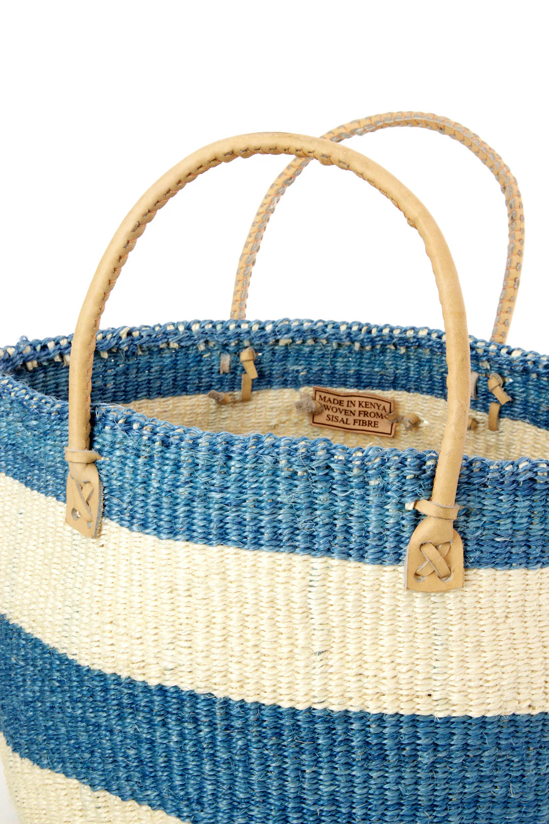 Classic Blue Striped Sisal Handbag with Leather Handles