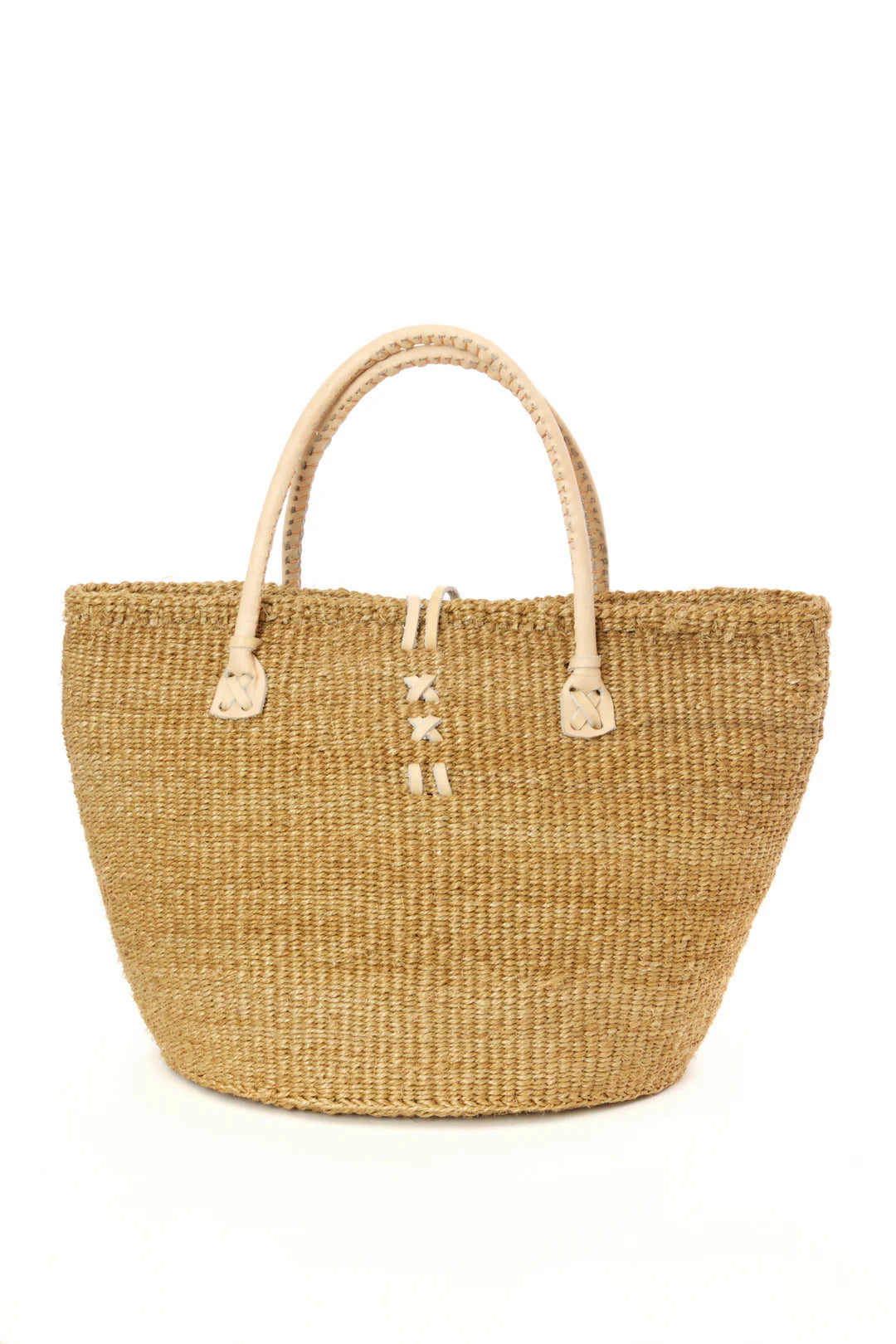 Classic Khaki Sisal Handbag with Leather Handles