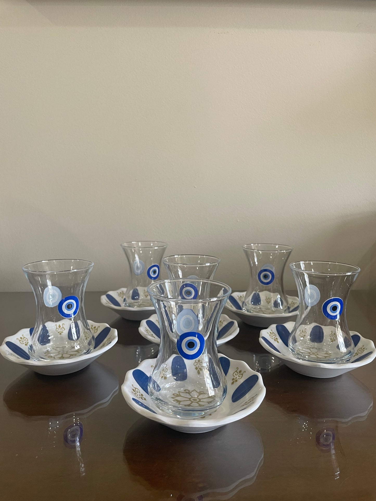 Turkish Teacups with Evil Eye Design with Saucers- Set of Six