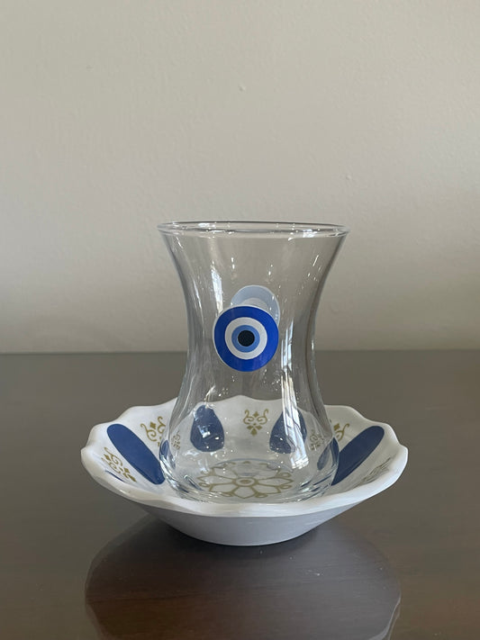 Turkish Teacups with Evil Eye Design with Saucers- Set of Six