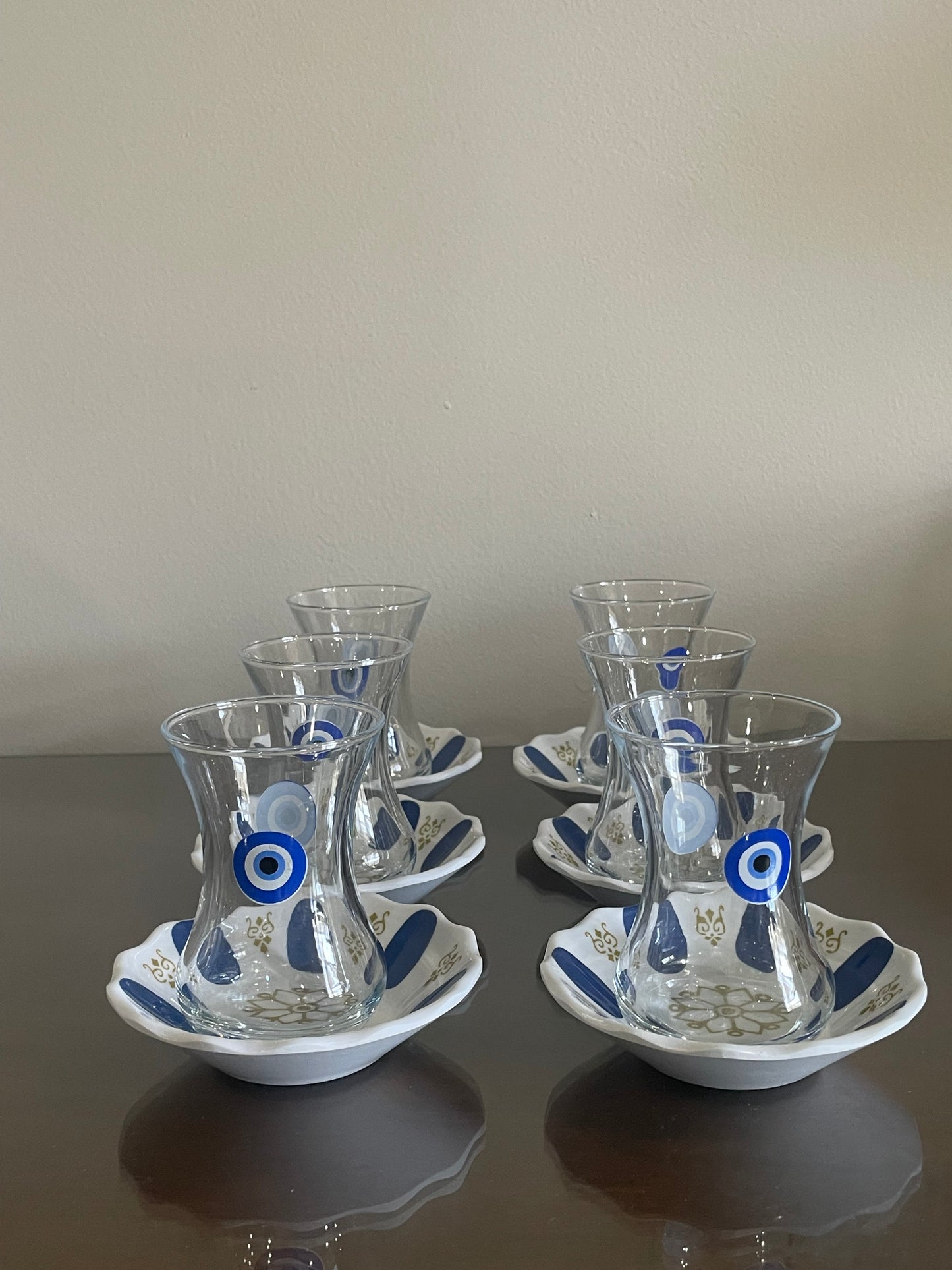 Turkish Teacups with Evil Eye Design with Saucers- Set of Six