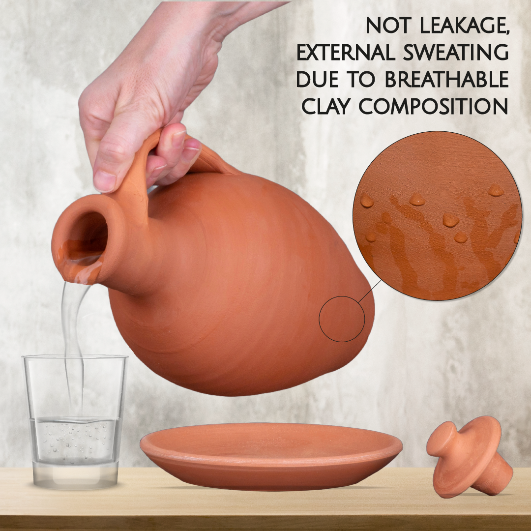 Anadolu Natural Clay Pitcher with Lid and Plate, Large-3 Pcs