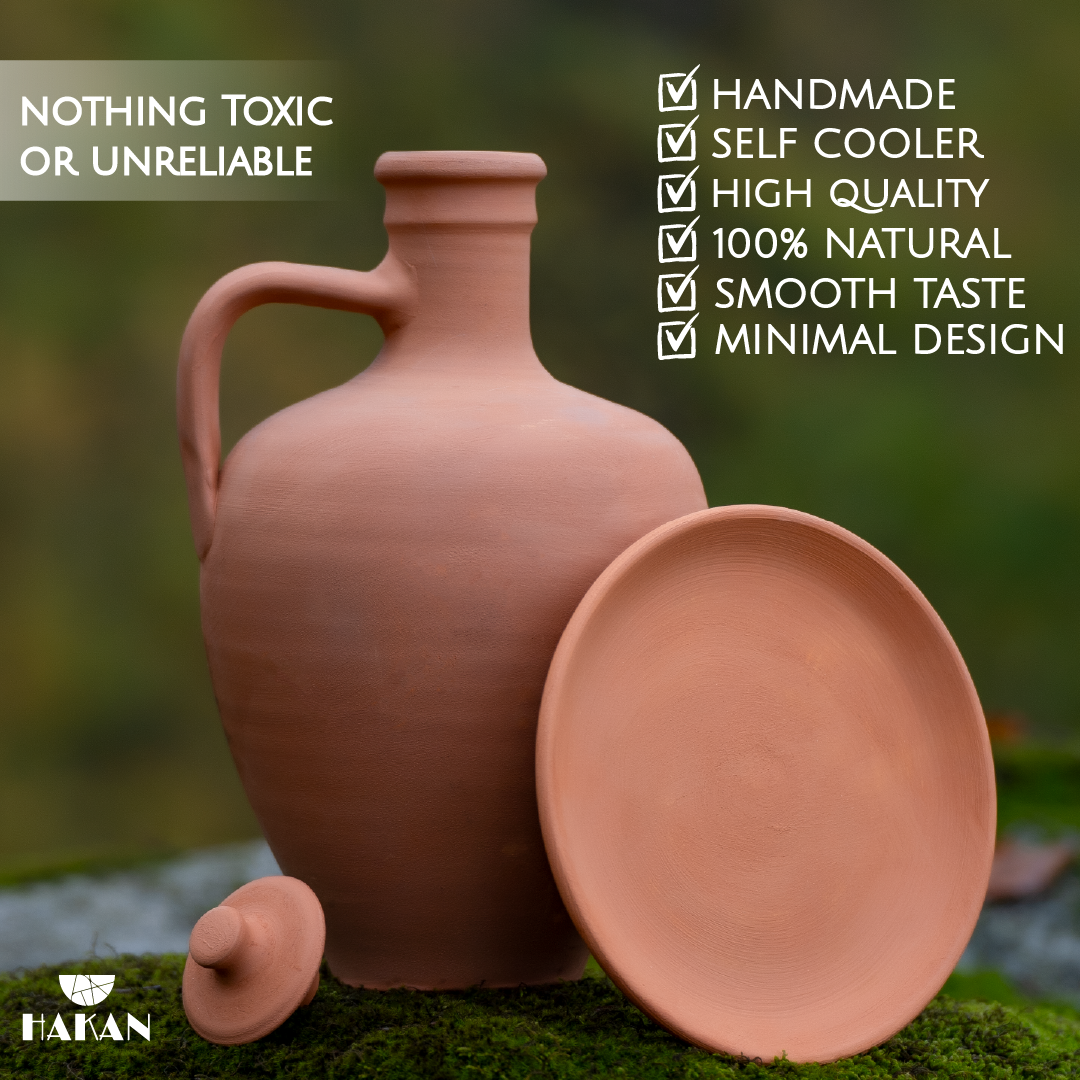 Anadolu Natural Clay Pitcher with Lid and Plate, Large-3 Pcs