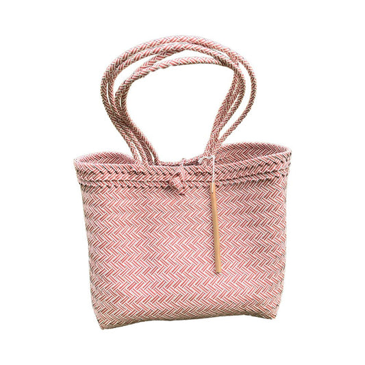 Recycled Plastic Woven Beach/Tote Long Strapped Bag: Pink