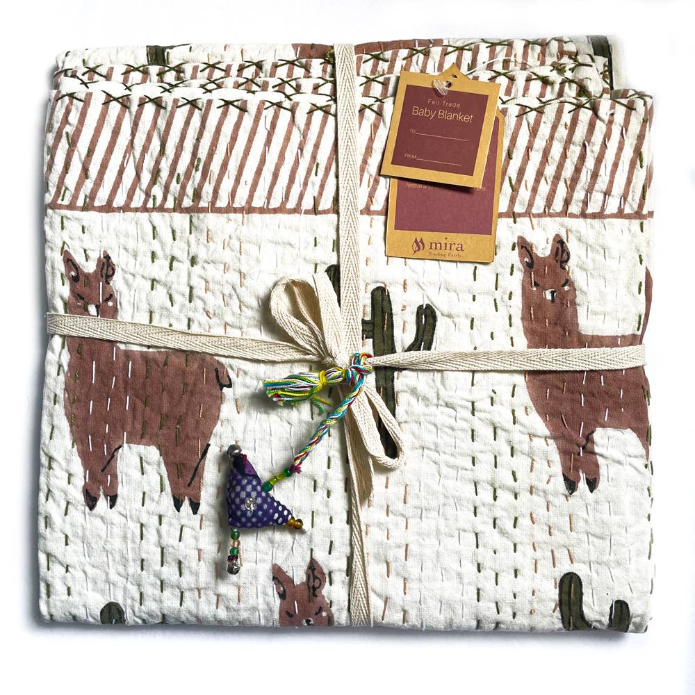 Block Printed Kantha Blanket - Llama Print: Baby