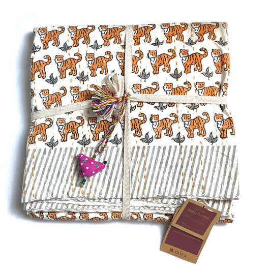 Block Printed Kantha Blanket - Tiger Print: Baby