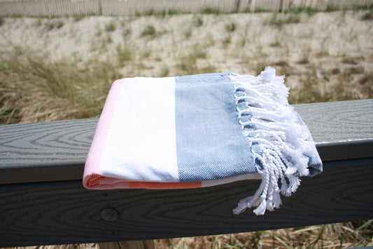 Organic Cotton Turkish Towel Apricot and Blue Stripe