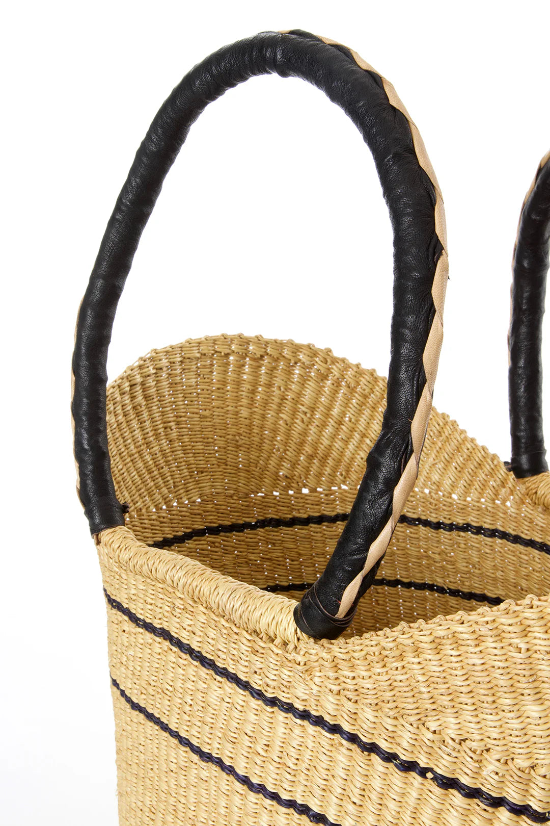 Natural Pinstripe Bolga Shopper with Leather Handles