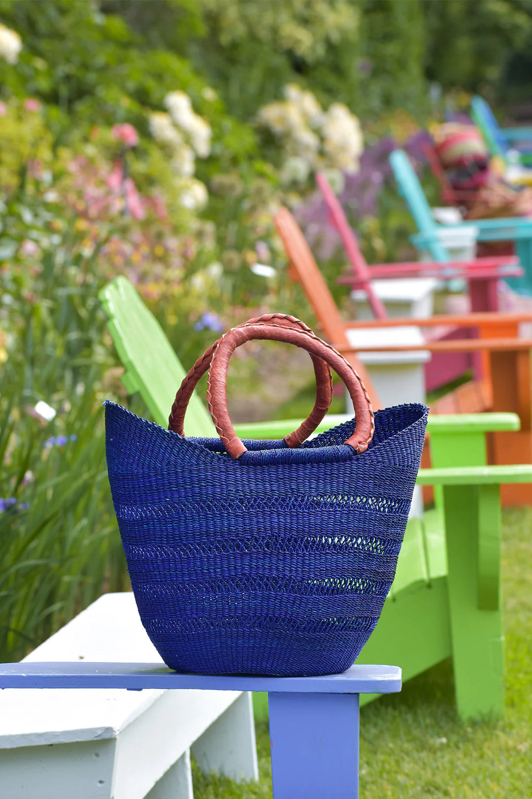 Navy Blue Ghanaian Lacework Wing Shopper with Leather Handles