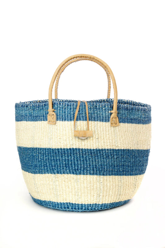 Classic Blue Striped Sisal Handbag with Leather Handles