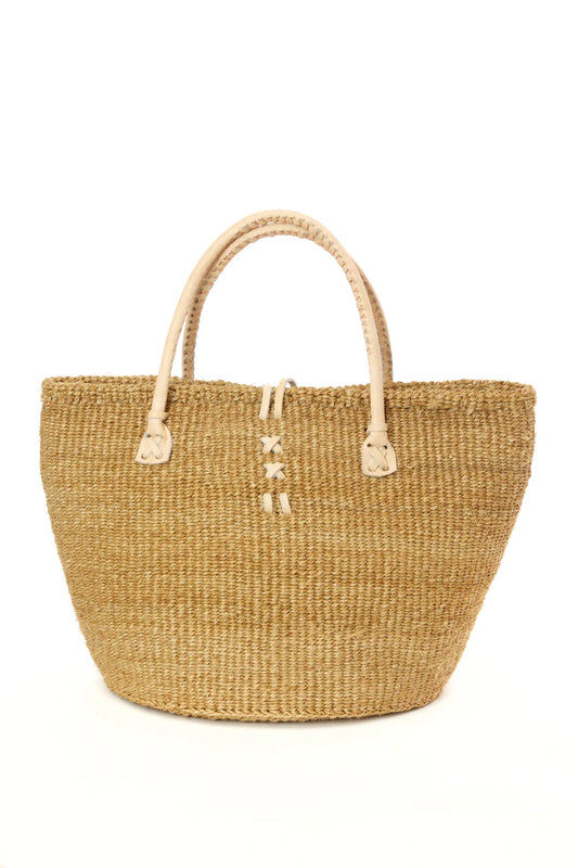 Classic Khaki Sisal Handbag with Leather Handles