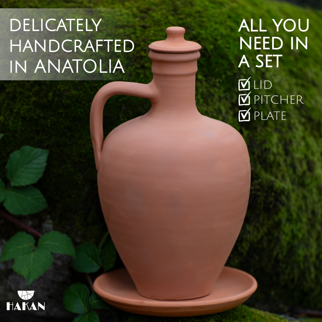 Anadolu Natural Clay Pitcher with Lid and Plate, Large-3 Pcs