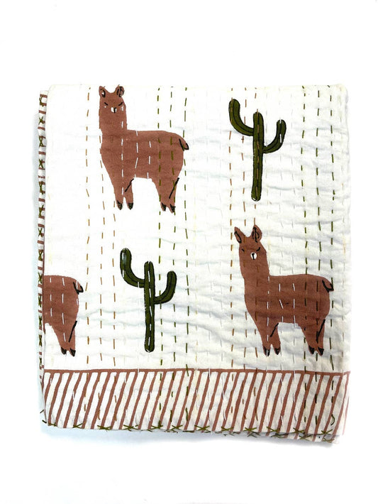 Block Printed Kantha Blanket - Llama Print: Large